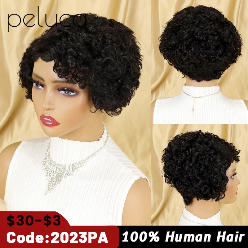 

Curly Wigs Short Pixie Cut Human Hair For Women Remy Hair 150% Density Glueless Cheap Side Part Human Wigs Full Machine Made