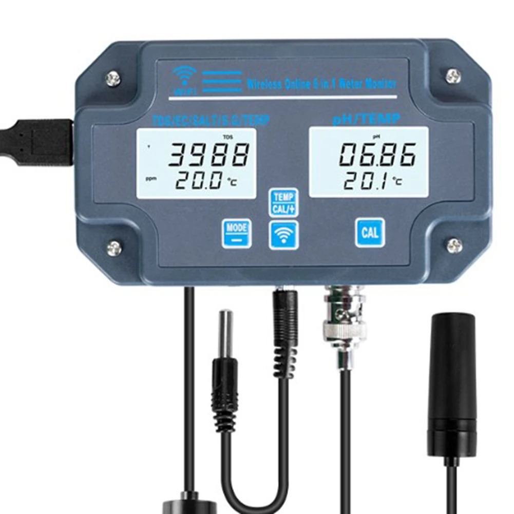 

6 in 1 Wifi Water Quality Tester PH/EC/TDS/SALT/G.S/ Temp Meter Water Analyzer APP Online Remote Monitoring US Plug