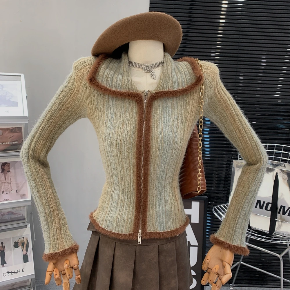 Модный облегающий свитер с лацканами винтажная уличная одежда на молнии