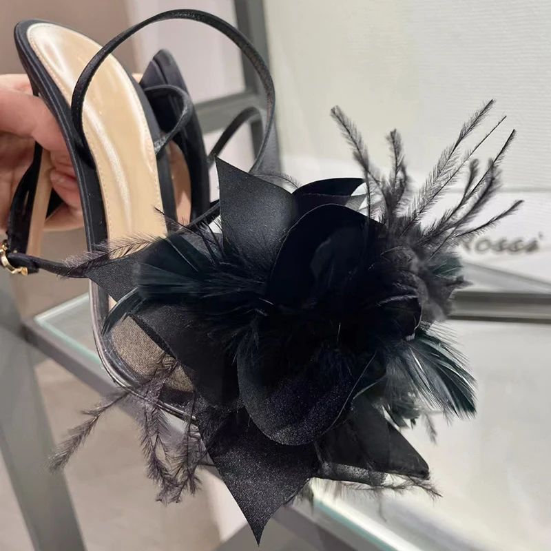 

Black Feather Rose Sexy Stiletto Sandals Woman Summer 2023 Flower Buckle Pointed Toe High-Heeled Fashion Shoes for Women