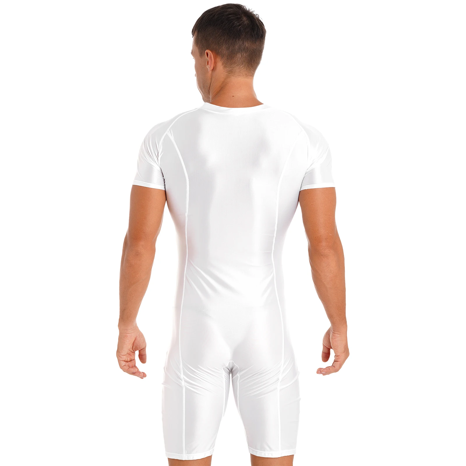 Mens Glossy Jumpsuit Rompers Solid Color Short Sleeve Zipper Bodysuit Swimwear Sportwear Adults Pajamas Playsuits Homewear 2023