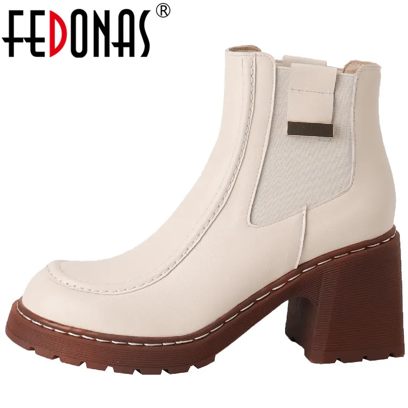 

FEDONAS Office Ladies Mature Women Ankle Boots Thick Heels Sewing Genuine Leather Metal Decoration Autumn Winter Shoes Woman