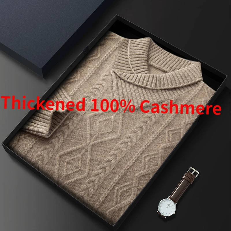 

Autumn Winter Men's Turn-down Collar Thickened 100% Cashmere Solid Temperament Pullover Sweater Twisted Flower Casual Size S-3XL