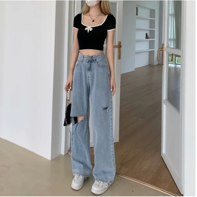 Fashion Ripped Jeans Women's Ins Tide Loose Wide-leg Pants Summer 2022 New High-waisted Thin Straight-leg women Pants Plus Size