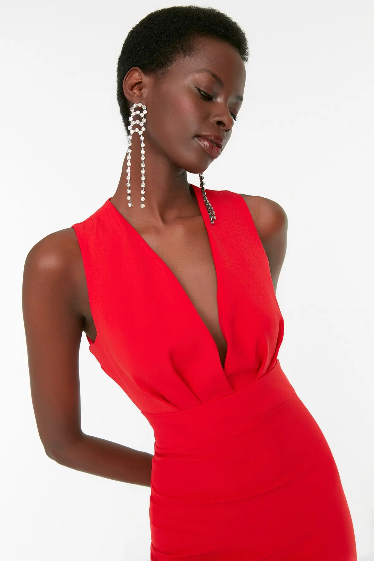 

Red V-Neck Evening Dress