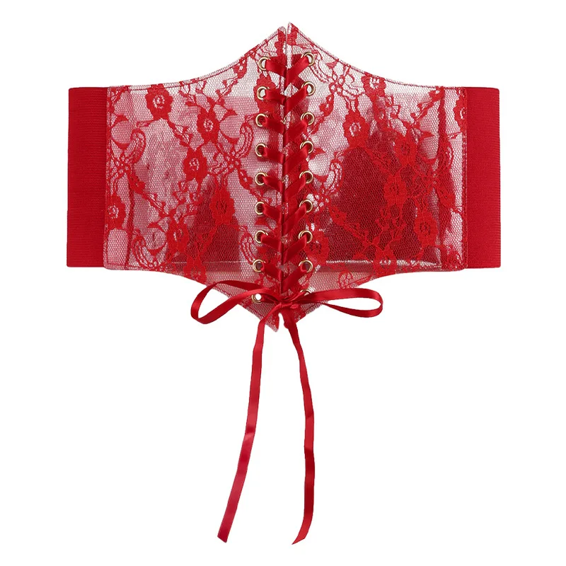Wide Lace Slimming Body Belts Cummerbunds Fashion Women Waist Corset Flower Embroidery Elastic Waistband Black White Red Pink