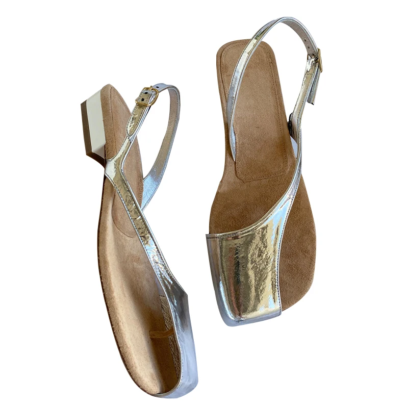 2023 New Silver Clip Toe Sandals Versatile Casual Women's Half Wrap Open Toe Flat Sandals Fashion Hollow Out Women's Shoes