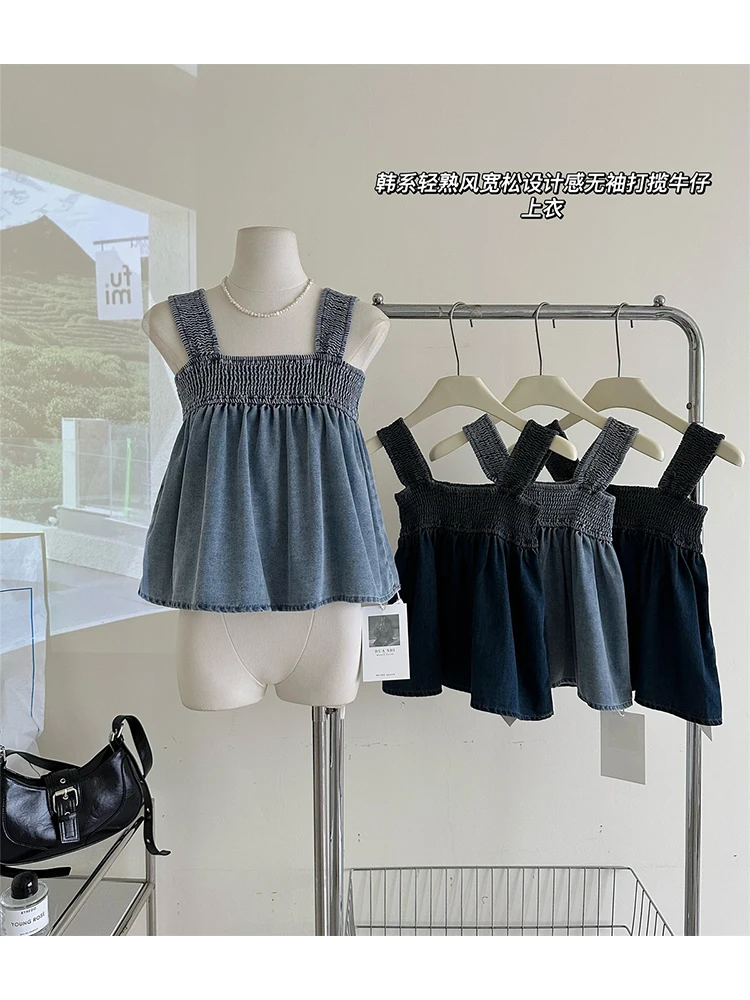 

Women Vintage Halter Jeans Top Pleated Crop Tops Mori Girl Korean Fashion Y2k Streetwear Summer Kawaii Gyaru 2000s Aesthetic