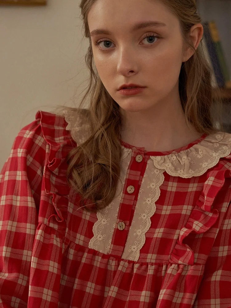 Ullala Южная Корея Ulala домашняя ночная рубашка красная клетчатая милая кукольная с