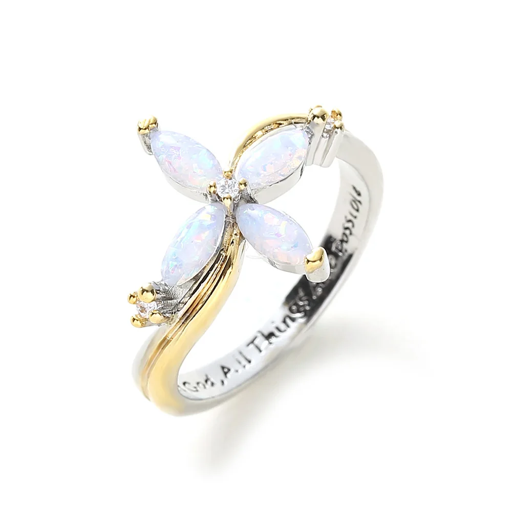 

18k Gold Plated Color Separation God's Cross Ring European And American Inlaid Opal Two-color Ring For Women