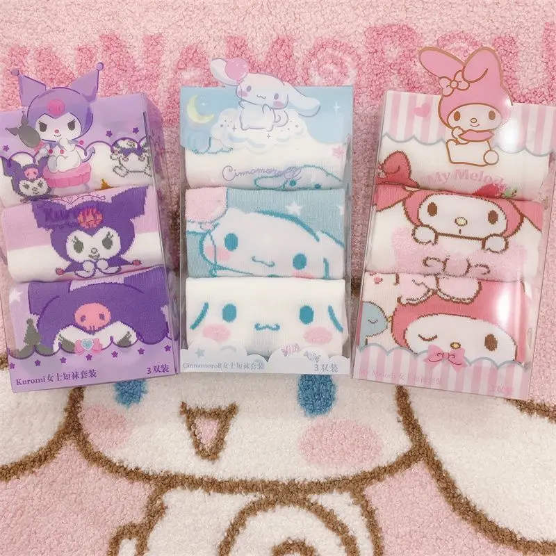 

3 шт. кавайные носки Sanrio Cinnamoroll Mymelody Kuromi носки из хлопка для студентов дышащие мягкие носки подарки для девочек