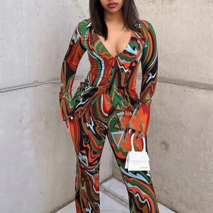 

Aniow Colorful Print Long Sleeve Button Shirt High Waist Wide Leg Flare Pants Two Piece Set Matching Set Autumn Women Clothing