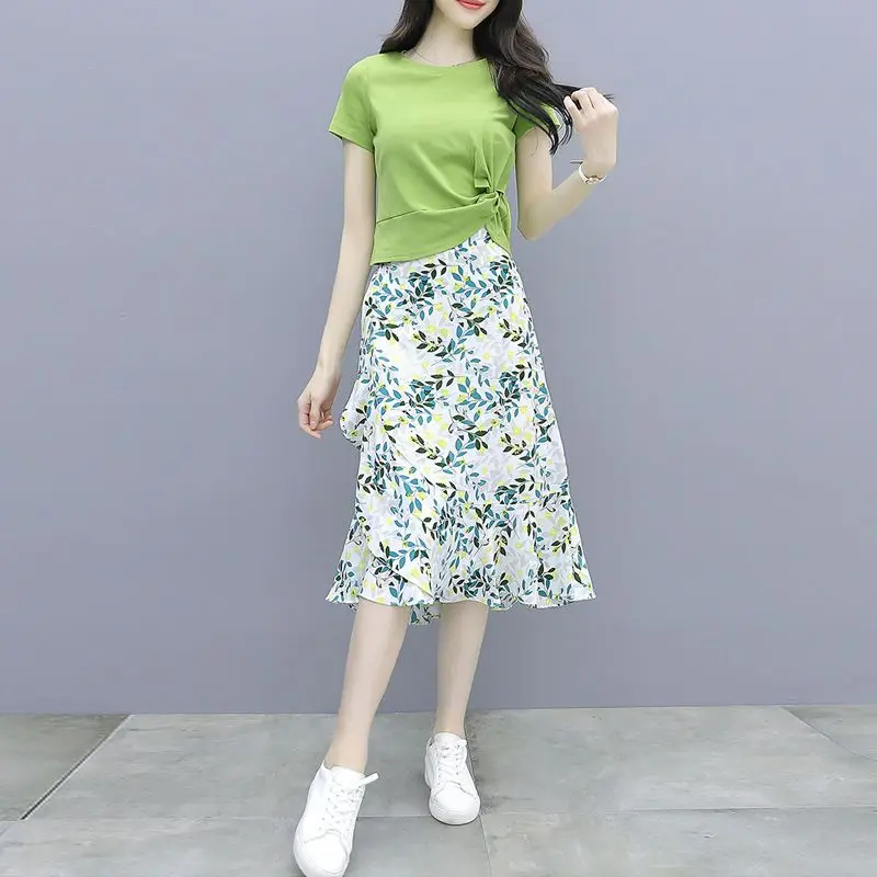 Милая и свежая шифоновая юбка с коротким рукавом однотонный топ цветочным
