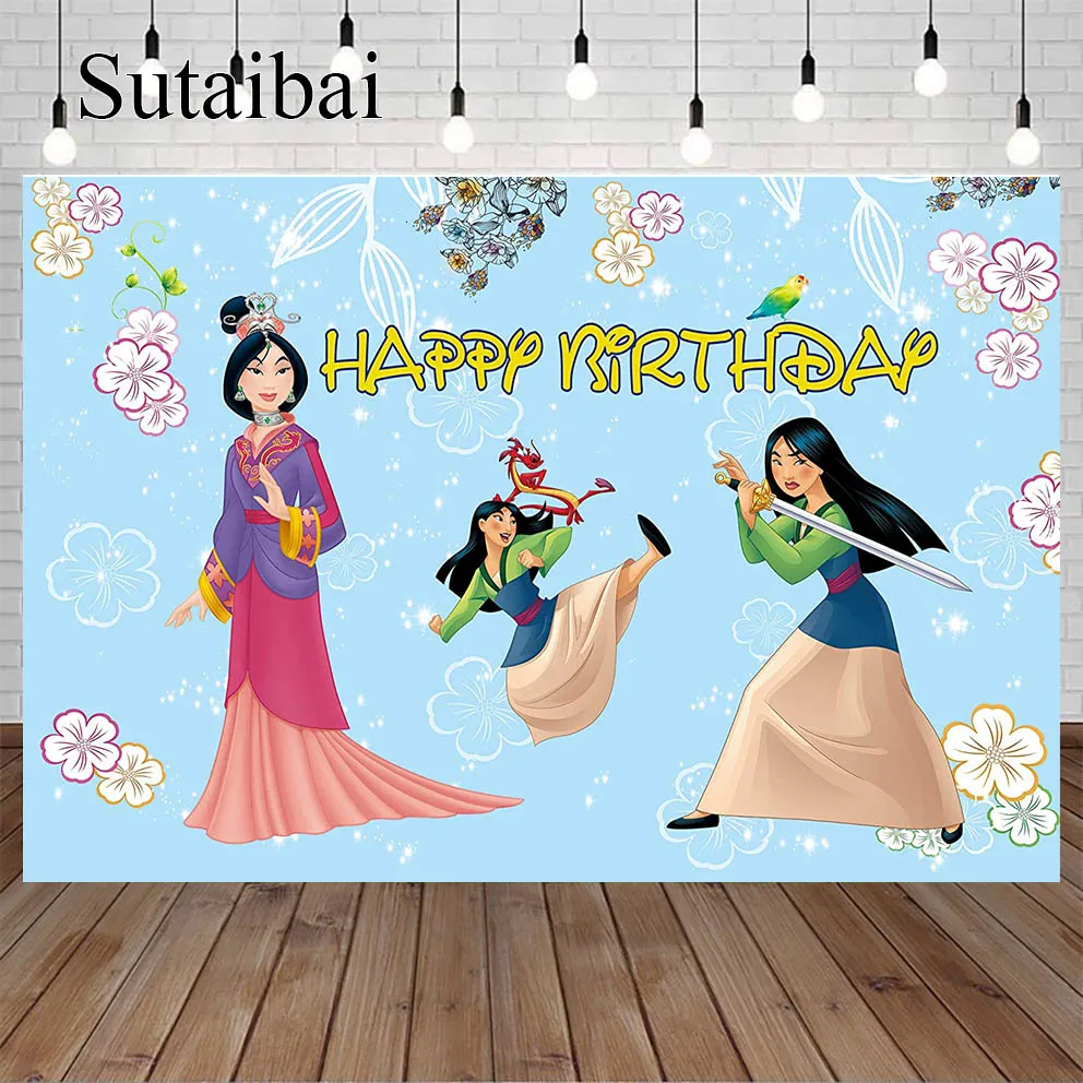 

Blue Backdrop for Mulan Princess Theme Birthday Party Pink Flower Photo Background for Princess Theme Party Caketable Banner