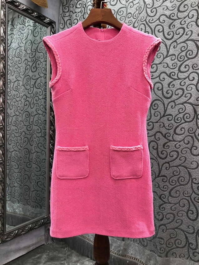 2023 new women's fashion sleeveless crew neck woven trimmed pocket celebrity style slim dress 0529