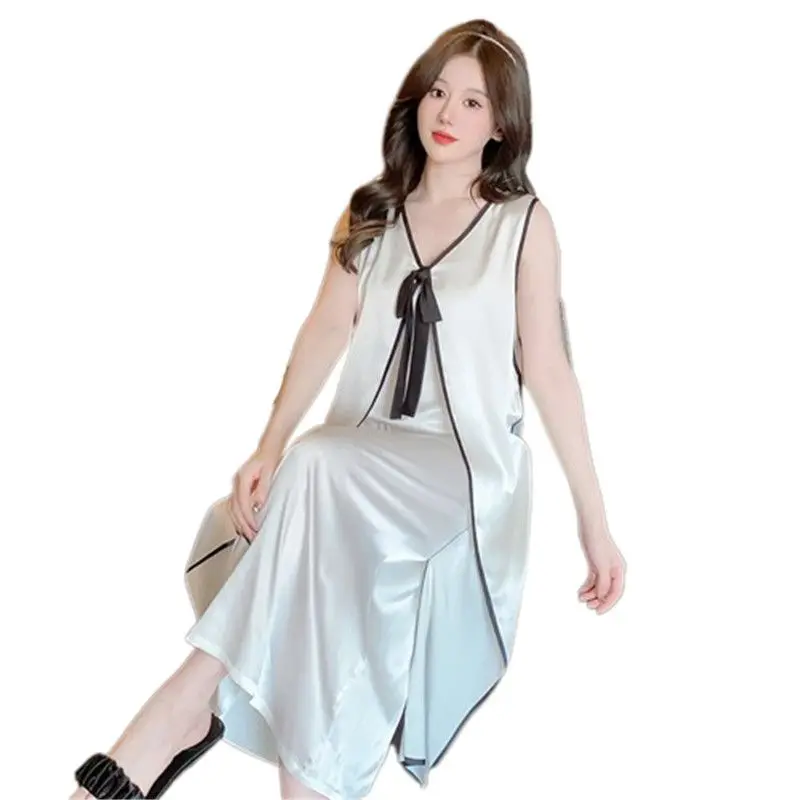 Шелковая ночная рубашка женская летняя тонкая сексуальная юбка средней длины