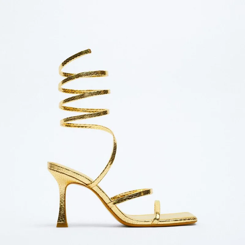

Koovan Women Pumps High Heel Sandals 2022 Shoes Coach Peep-toe Golden Spiral Bind Fashion High-heeled Sandals For Women Snake