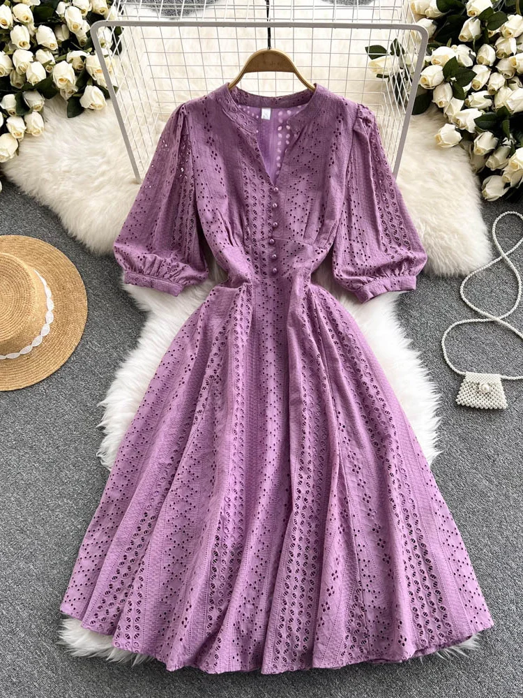 

Autumn Women Green/Orange/White Hollow Out Midi Dress Elegant V-Neck Puff Short Sleeve High Waist Party Robe Female Vestido 2021