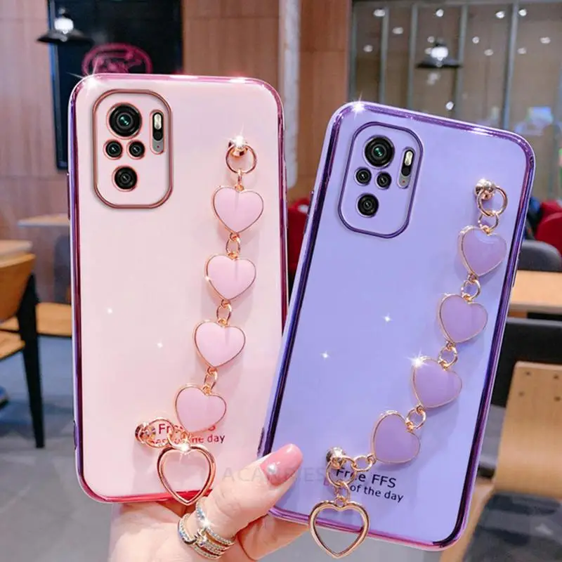 

Luxury Wrist Love Heart Chain Plating Case On For Xiaomi Redmi Note 10 Pro 11 11pro 10s 9 8 8t Bracelet Silicone Cover Note10 S