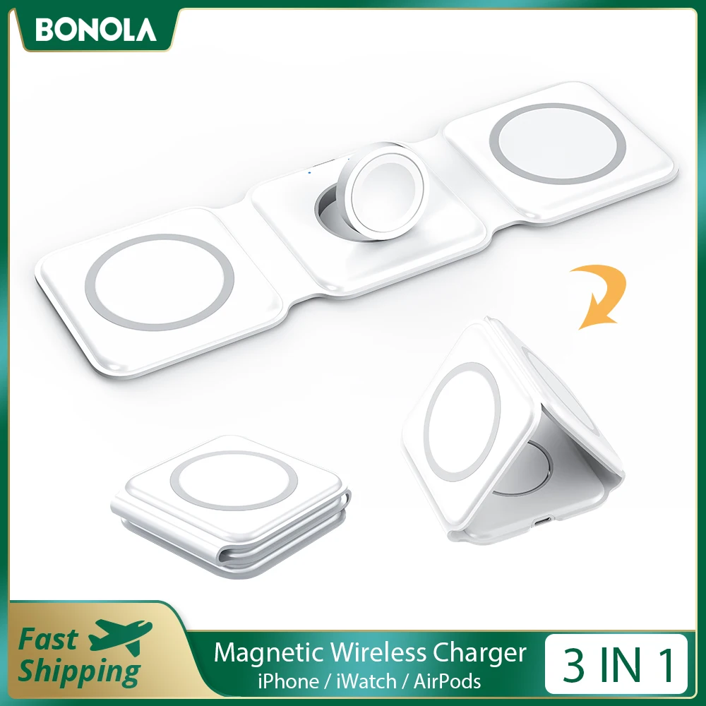 bonola 15w magnetic wireless charger 3 in 1 stand foldable for iphone 13 12 proairpod pro 3iwatch 7 6 portable fast chargers free global shipping
