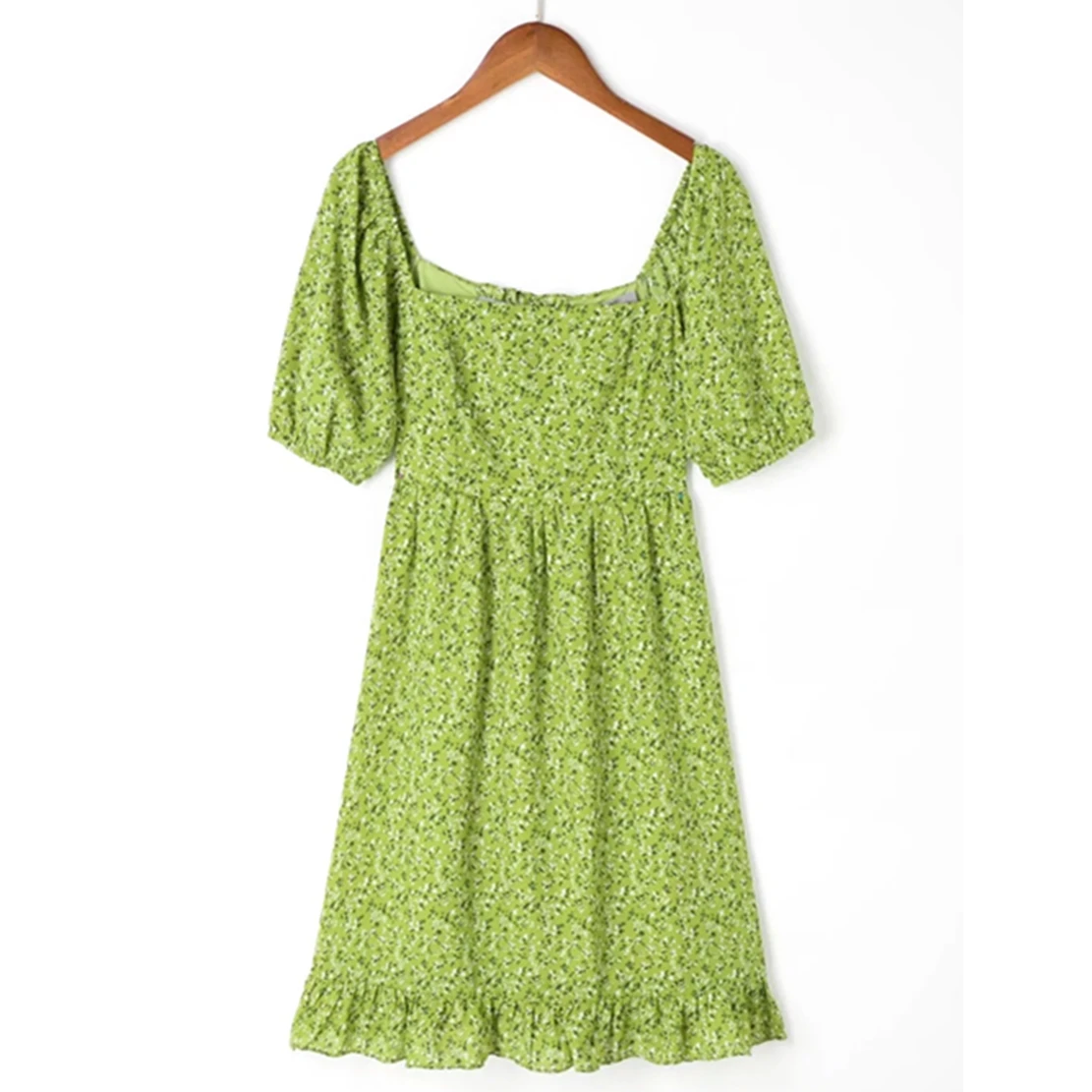

Withered Indie Folk Vintage Green Floral Print Square Collar Off Shoulder Elegant Fashion Mini Dress Women Tops