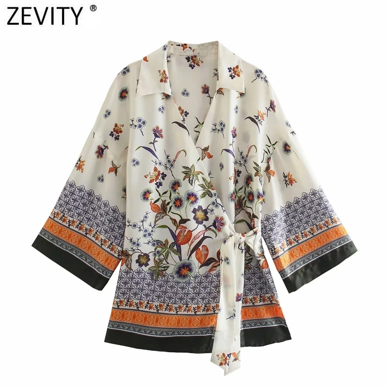 

Женская винтажная блузка Zevity в стиле пэчворк с V-образным вырезом и цветочным принтом, женское шикарное кимоно на шнуровке в стиле ретро, руб...