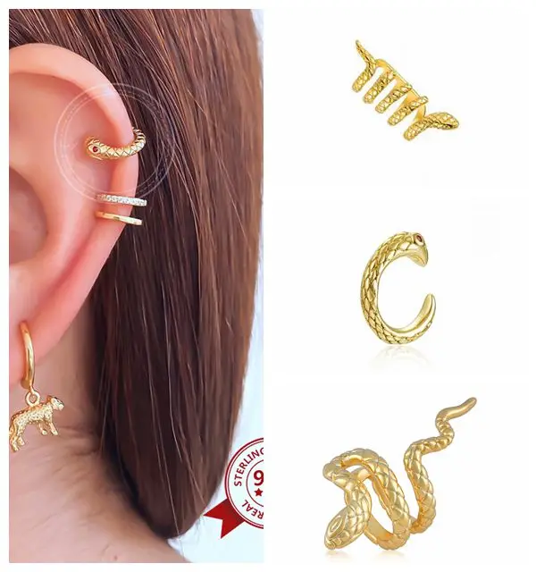 Серьги-клипсы женские позолоченные в виде змеи, 1 шт.