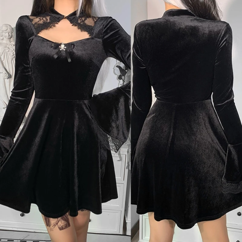 

M2EA Women Gothic Flare Sleeve Skull Pendant Lace Stitching Velvet Mini Flowy Dress
