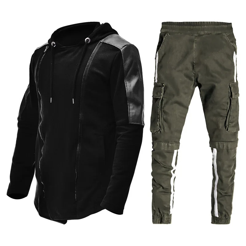 

Autumn and winter men's new fashion casual sports hem irregular hooded sweater overalls suit M-3XL
