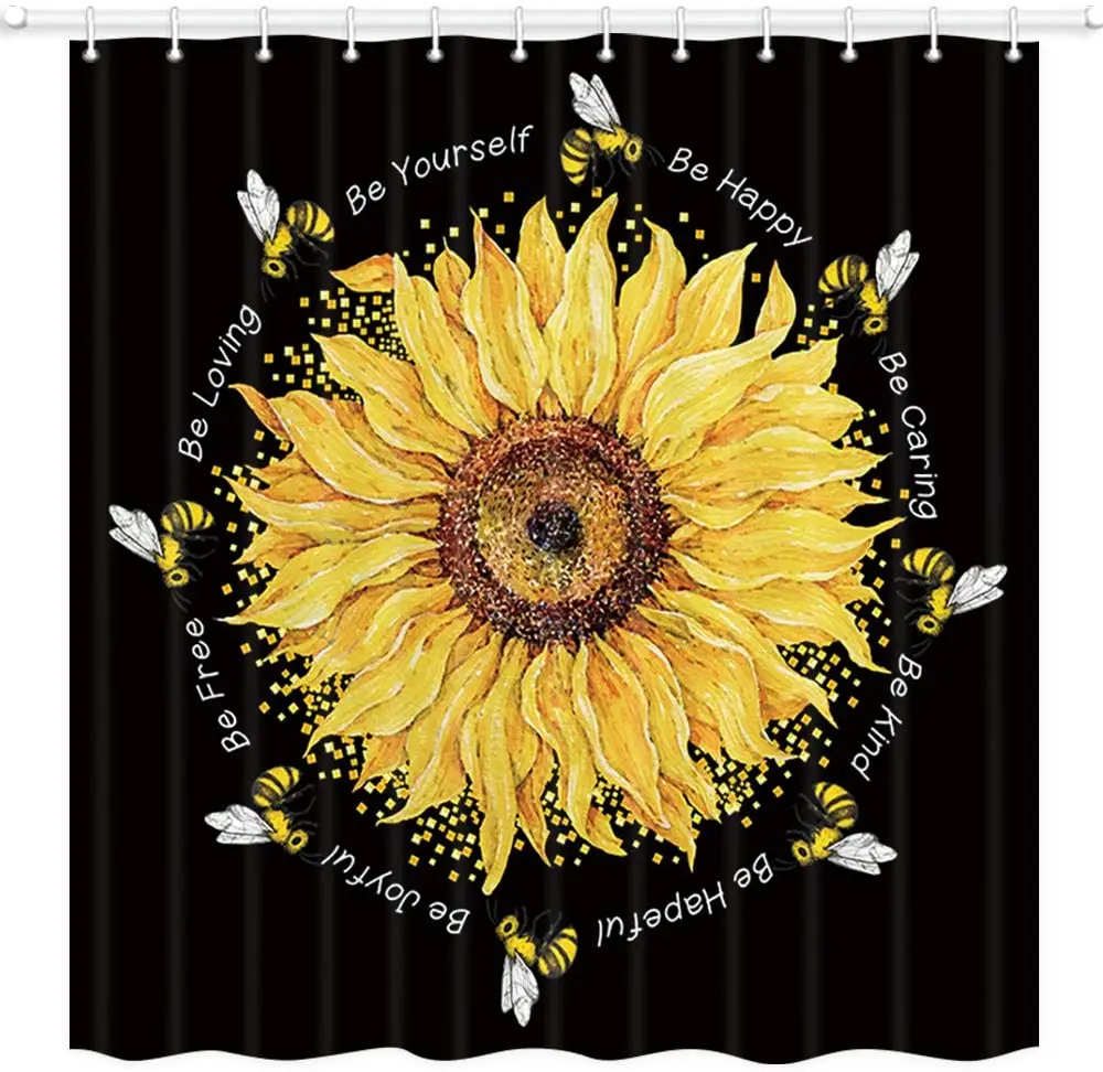 

Sunflower Shower Curtain Floral Sunflower Bee Motivational Inspirational Word Quotes Polyester Fabric Bath Curtains with Hooks