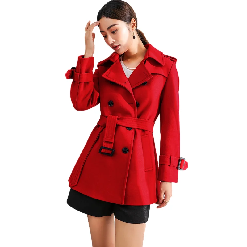

Женское двубортное шерстяное пальто, пальто средней длины с поясом и большими карманами, верхняя одежда в Корейском стиле, шерстяное пальто с длинными рукавами для осени