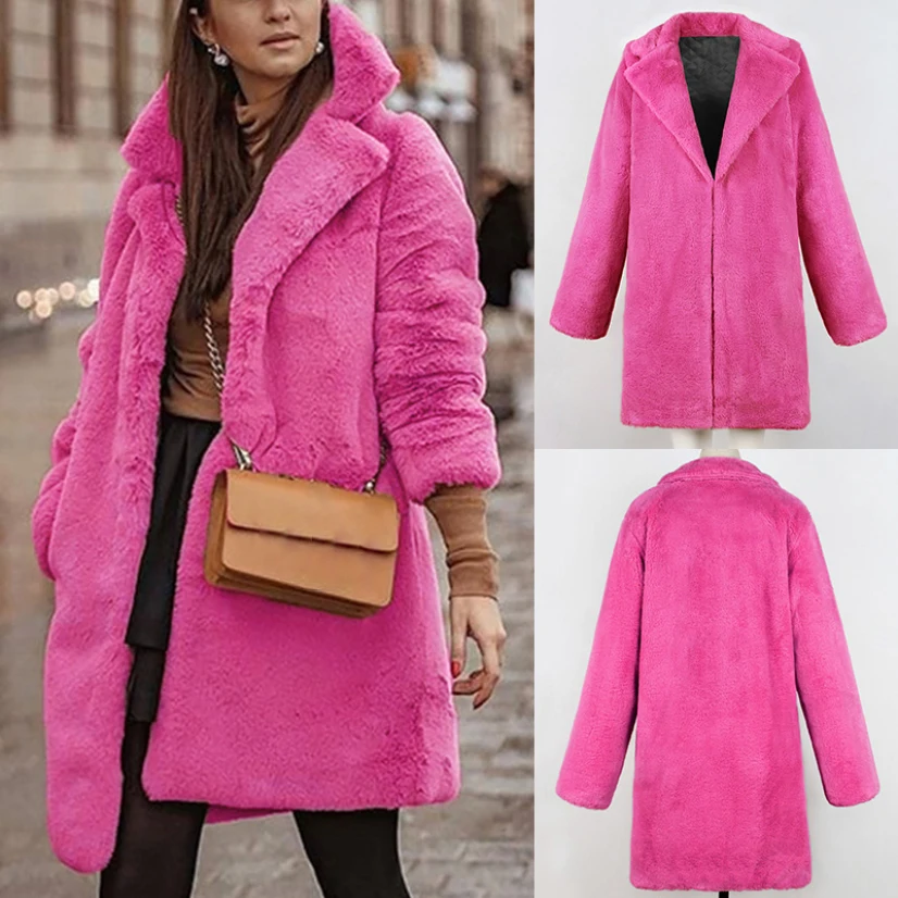 2022 Women Rose Red Faux Fur Long Teddy Coat Autumn Winter Female Casual Warm Overcoat Elegant Ladies Turn-down Collar Parka