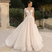 luojo a line wedding dress o neck lace elegant ivory white long sleeves back zipper vestido de novia bride dresses robe mariee