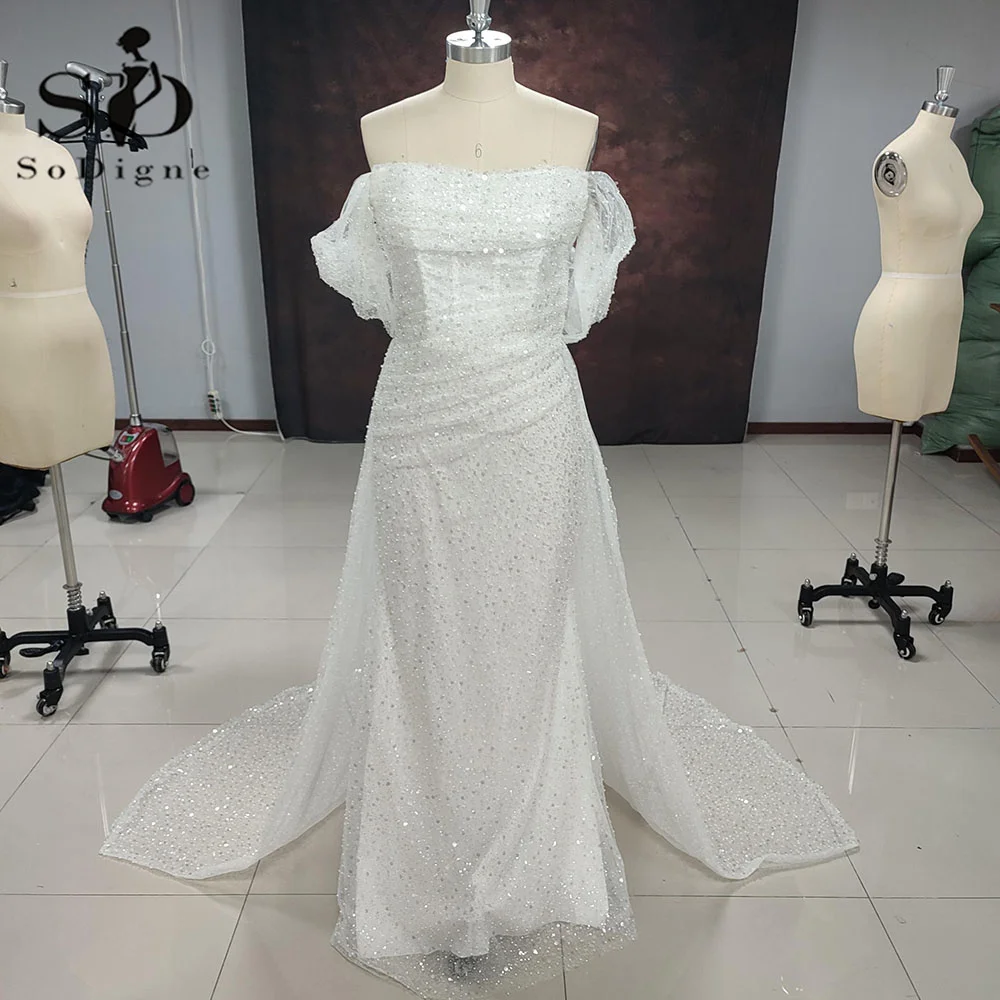 

SoDigne Elegant Off The Shoulder Wedding Dress 2022 Shiny Sequin Mermaid Wedding Gowns Female Custom Made Bride Gown