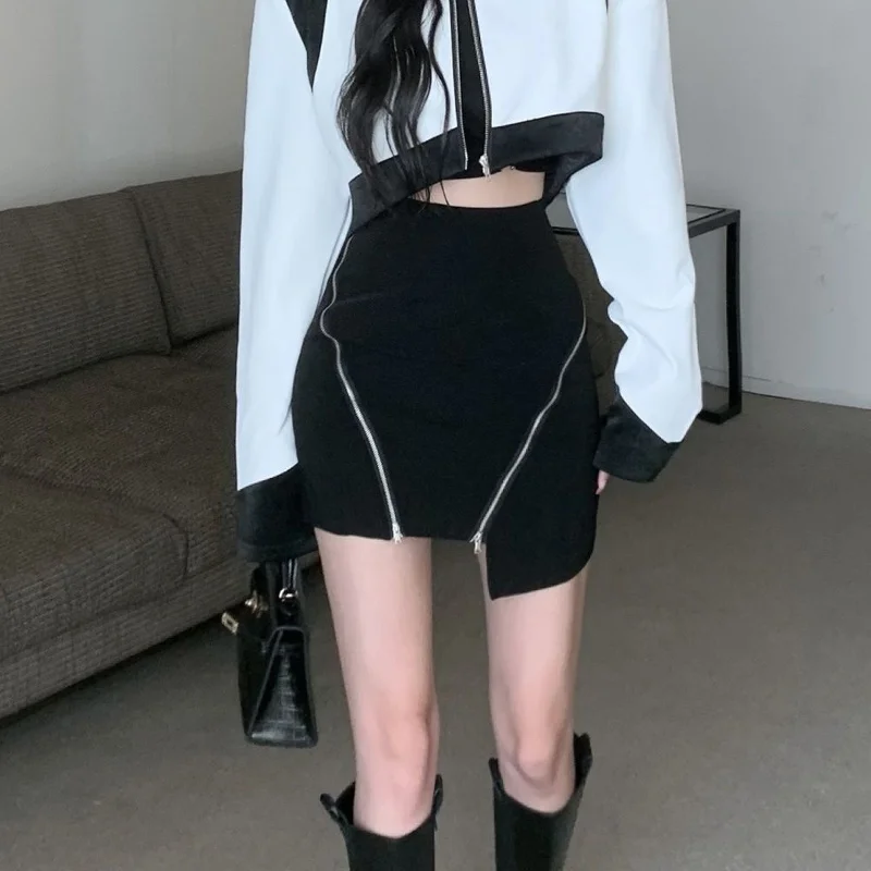 

HOUZHOU Punk Black Mini Skirt for Women Korean Fashion Irregular Zipper Patchwork High Waist Slim Sexy Pencil Skirt Streetwear