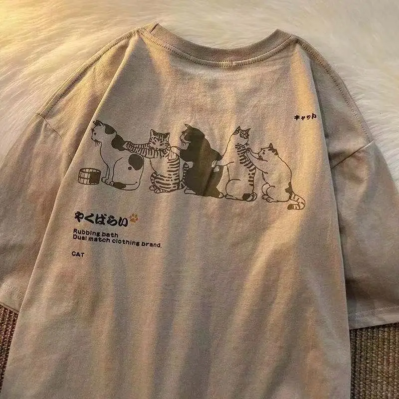 

2022 Harajuku cartoon cute cat print O-neck short-sleeved T-shirt womens Japanese fresh couple y2k tops aesthetic clothes womens