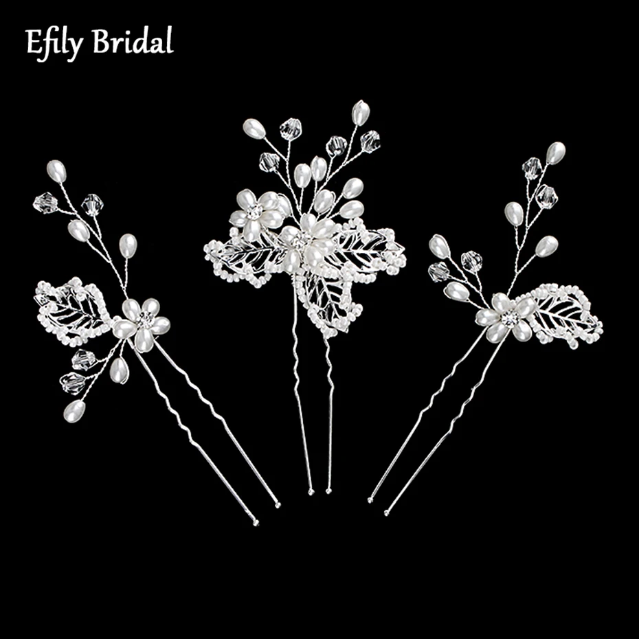 

Efily ручной работы 3 шт./лот серебряного цвета свадебные жемчужные Цветочные заколки для волос с кристаллами листом свадебные аксессуары для ...