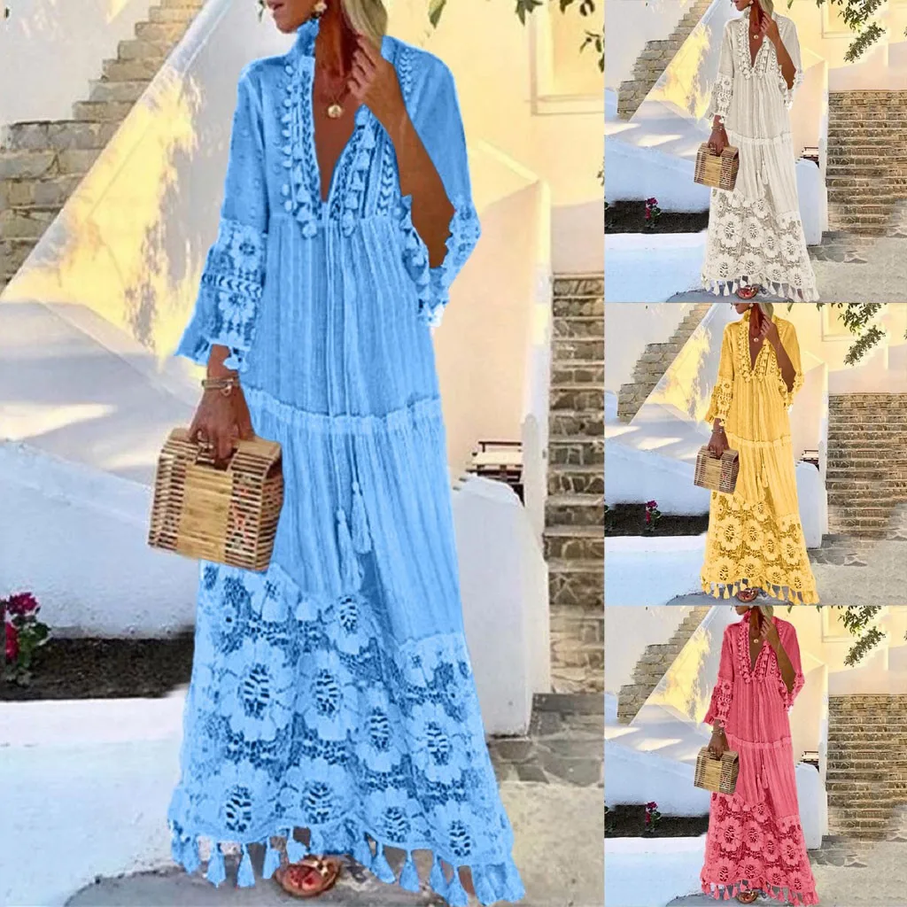 

New Bohemian Women Lace Tassel Dress 2022 Summer Sexy V Neck Solid Short Sleeve Maxi Long Beach Party Dresses Vestidos feminino
