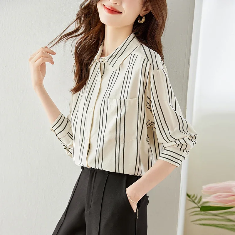 

Chiffon Women's Shirt Stripe Vintage Blouses Spring/Summer Polo Neck FASHION Clothing Loose Pockets Long Sleeves Prints Tops