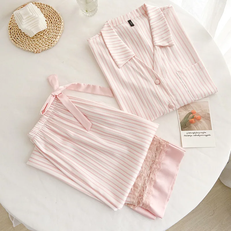 QWEEK Stripe Women's Satin Pajamas Cardigan Trouser Suits Blue Pink Turn-down Collar Home Summer Nightie Casual Room Wear