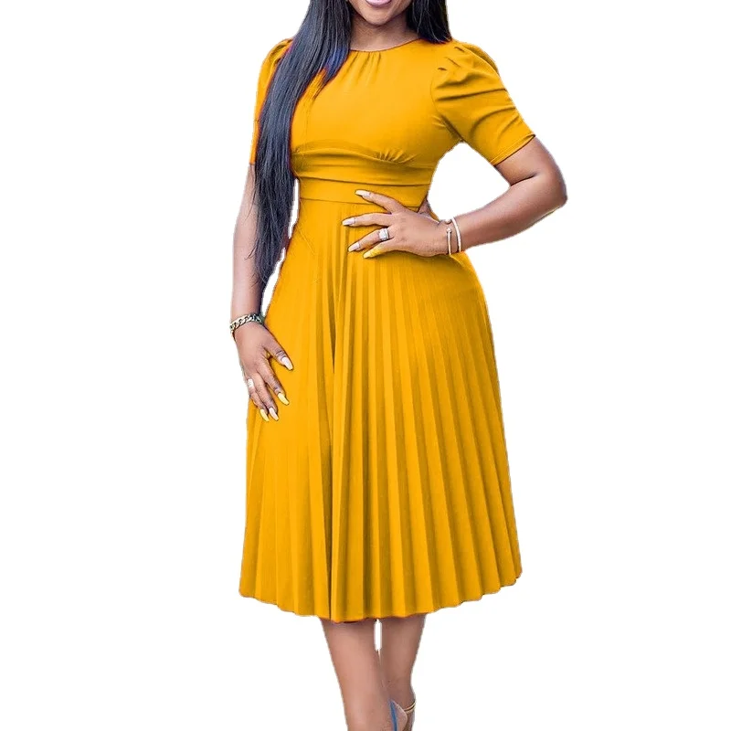 

2022 New S-3XL Women O-Neck Half Sleeve Solid Color Office LadyTall Waist Mid-Calf Length Pleated Dresses