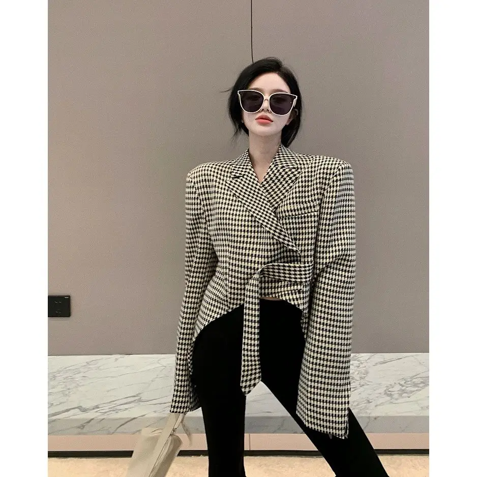 

Houndstooth suit jacket women's spring irregular jacket 2022 new casual top