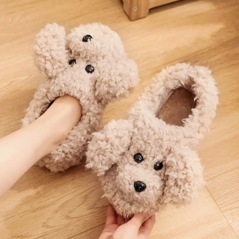 

QWEEK Korean Kawaii White Brown Dog Cotton Slippers Women's All Inclusive Heel Lovely Indoor Home Shoes Winter Soft Sole Bedroom