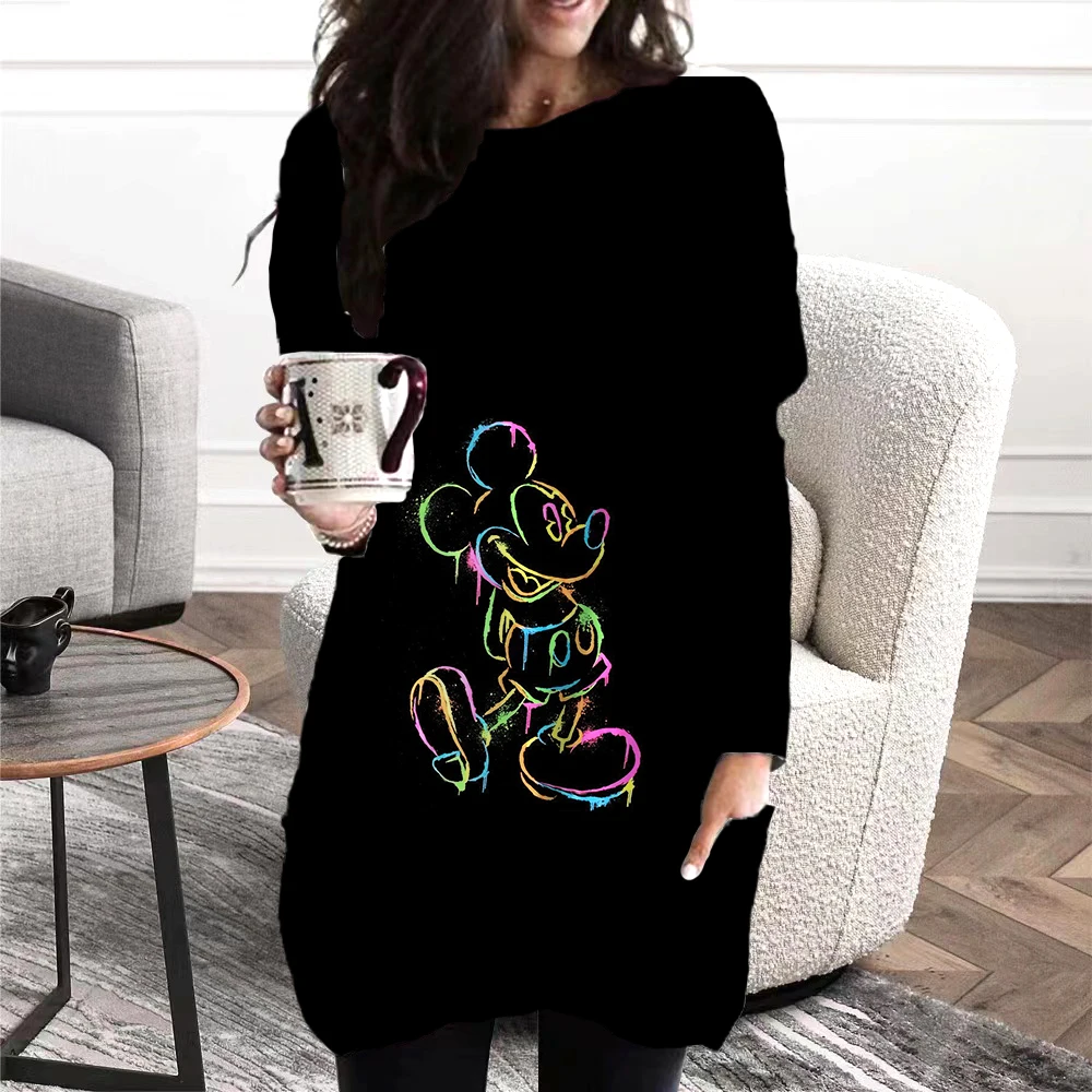 Elegant Disney Mickey print women's pocket hoodie women's high sense dress long sleeve shirt women's spring fall sweatshirt