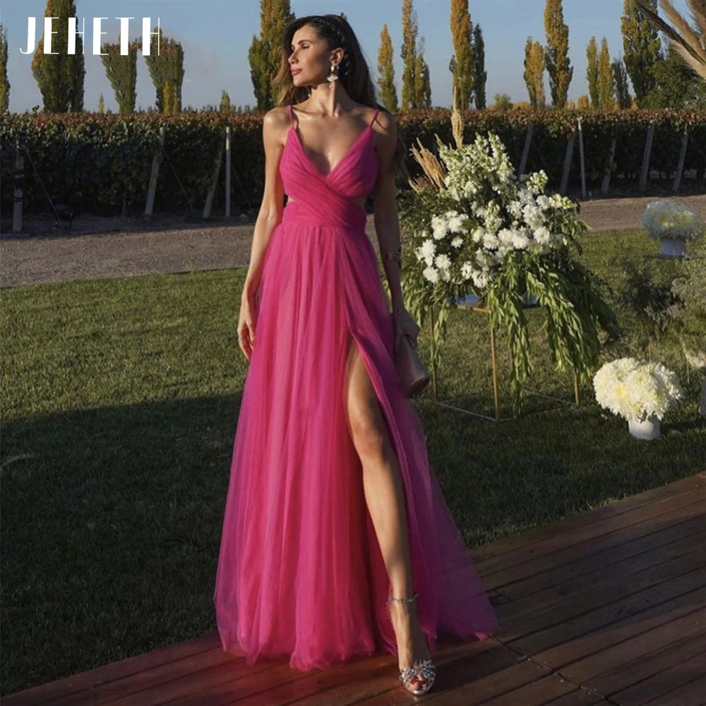 

JEHETH Sexy Fuchsia V-Neck Formal Evening Dress Spaghetti Straps A-Line Tulle With Side Slit Backless Prom Gown Vestido De Noche