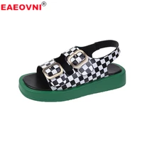 women sandals pin buckle checkerboard checkered platform open toe sandals outdoor casual soft bottom beach party womens shoes