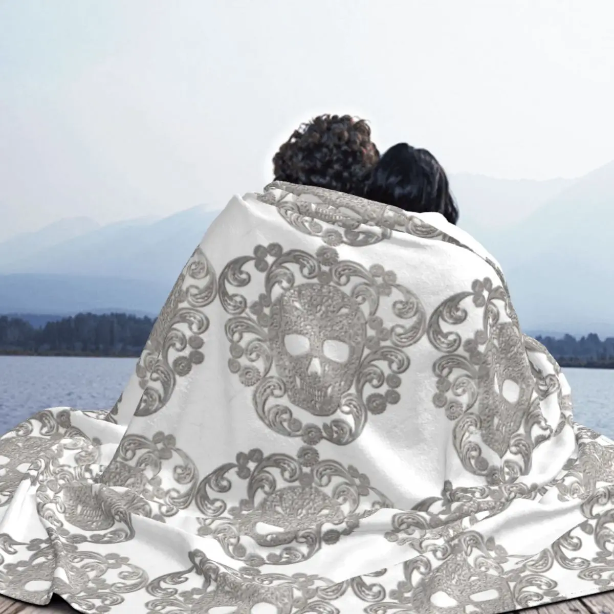 Фланелевое Одеяло с серебряным кружевом в виде черепа Дамаска стиле Хэллоуин