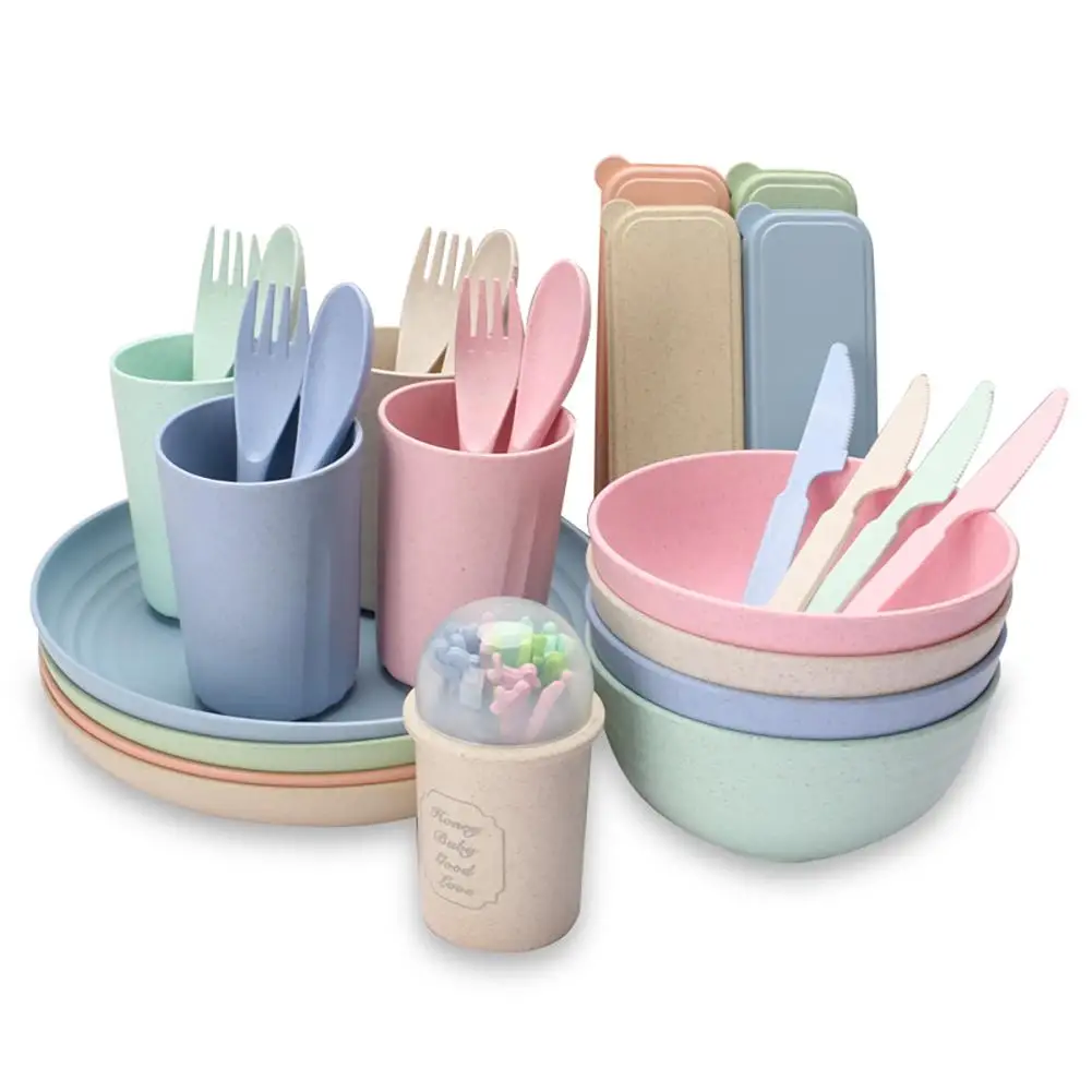 

29pcs Reusable Cutlery Set Non-slip Wear-resistant Household Wheat Straw Bowl Cup Plate Knife Fork Spoon Tableware