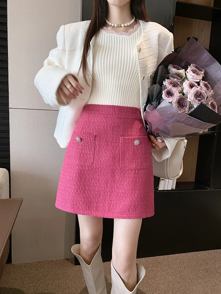 QOERLIN Твидовые мини-юбки женские с высокой талией на молнии сзади короткие юбки 2024