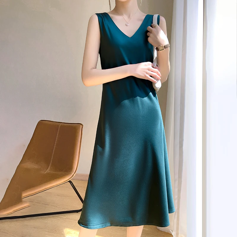 # 4913 летняя майка атласное платье женское однотонное сексуальное трапециевидной